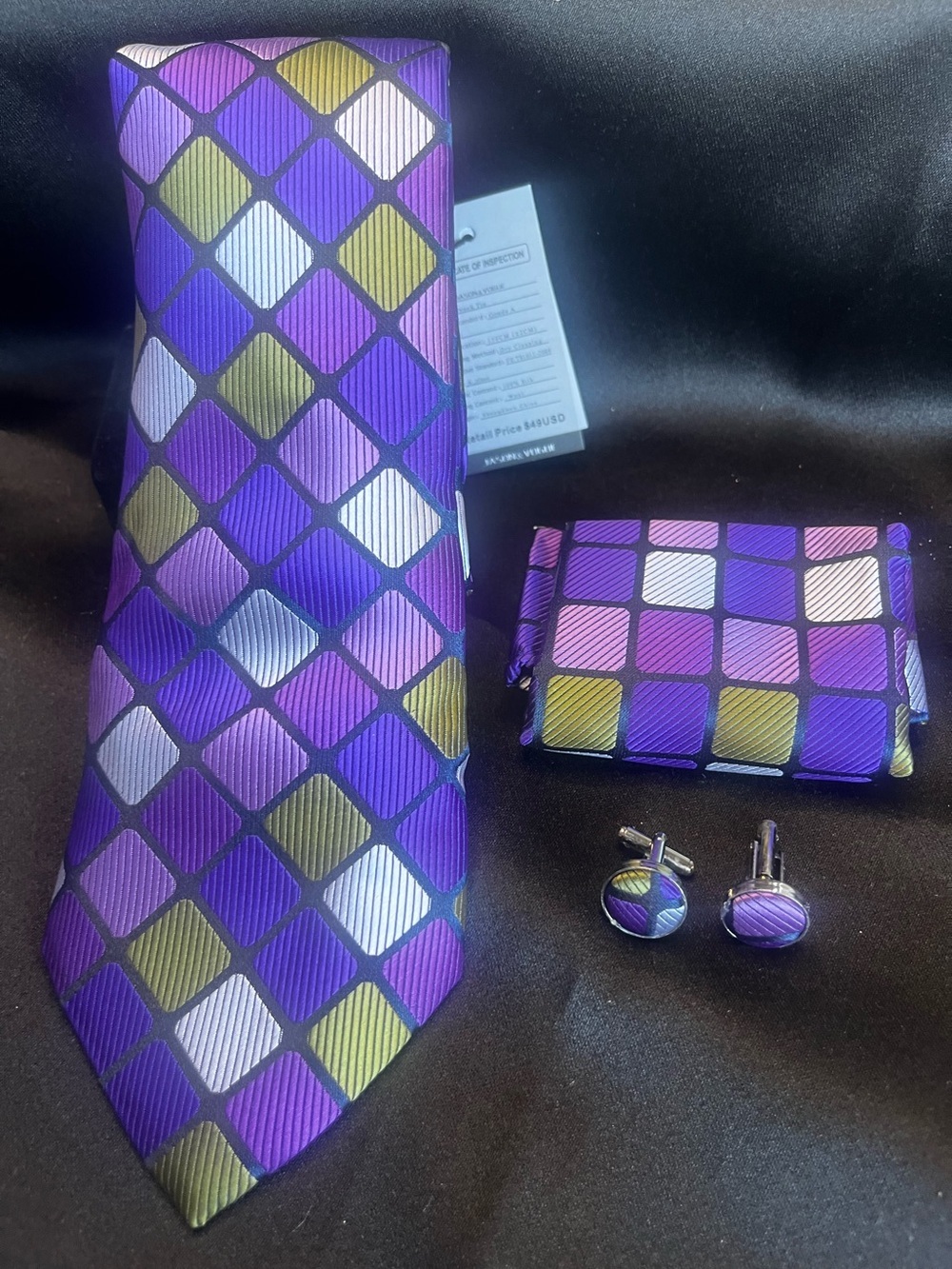 Men's Purple Geometric Tie Set with Pocket Square and Cufflinks